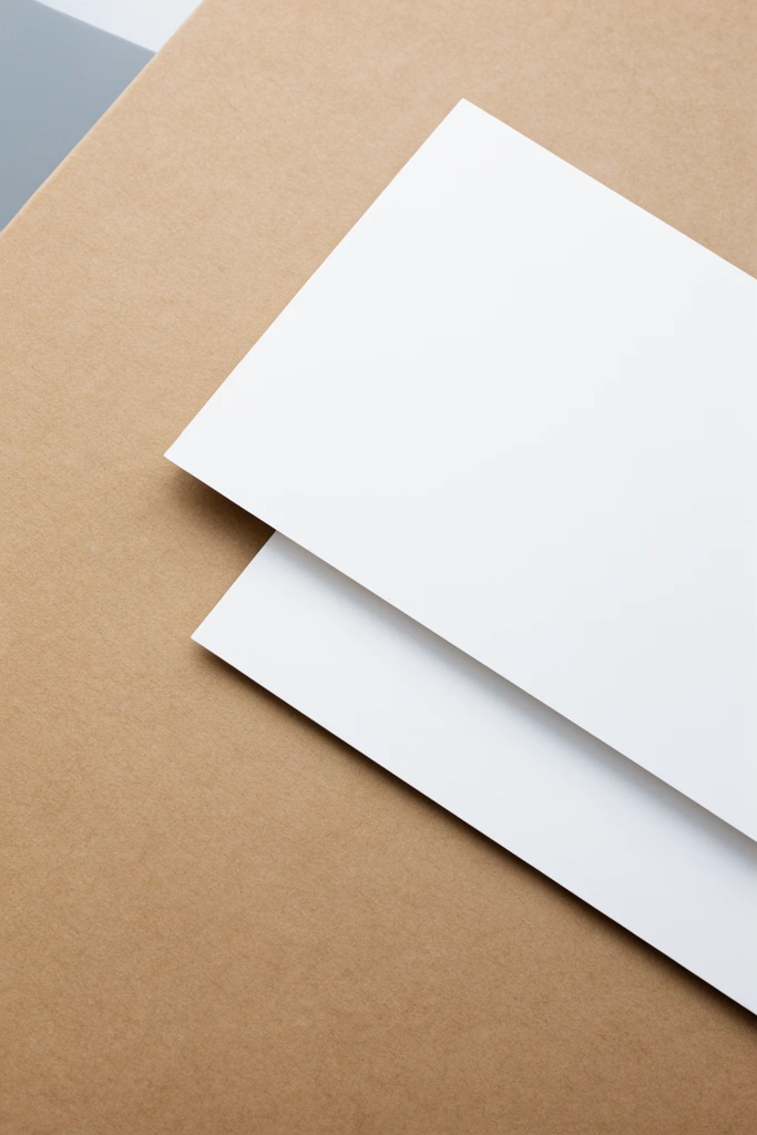 A minimalist top-down composition featuring two crisp, matte white rectangular paper sheets overlapping diagonally on a textured light brown cardboard surface. The top sheet casts a subtle drop shadow onto the lower one. A small wedge of a smooth, cool gray surface appears in the top left corner. Soft, diffused studio lighting highlights the organic grain of the tan background, contrasting with the stark white geometric shapes to produce a clean, modern aesthetic.