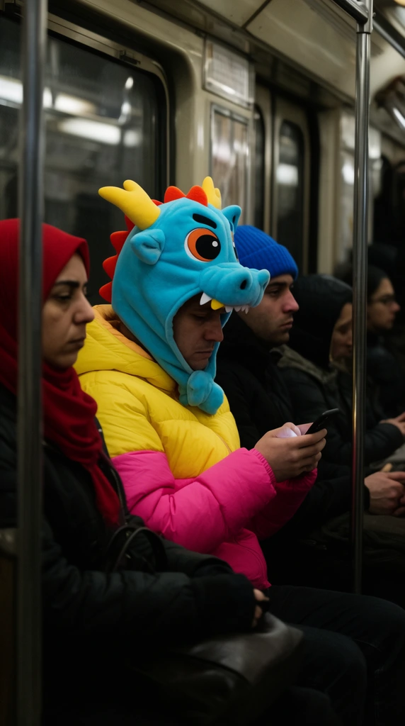 Seated subway passengers commute under dim artificial lighting. The focal figure looks down at a smartphone, wearing a vibrant yellow-and-pink puffer jacket and an oversized, comical bright blue dragon hat with yellow horns. Beside them, commuters in dark winter clothing, including a woman in a red hijab and another in a blue beanie, stare blankly ahead. Vertical metal handrails frame the subjects against reflective windows. A shallow depth of field isolates the central figure's eccentric colorful attire against the train's muted, everyday environment.