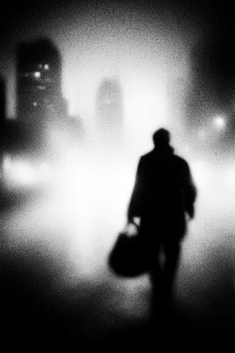 Atmospheric Monochrome Grain style reference image — extreme film grain