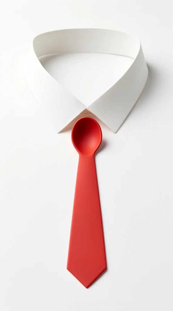 A minimalist studio shot against a stark white background features a crisp white shirt collar, rendered as a stiff, folded form. Suspended directly below the collar's center point is a vibrant red object that mimics the shape and placement of a necktie. This object transitions from a rounded, spoon-like bowl at the top to a flat, pointed tie shape at the bottom. The lighting is soft and even, casting subtle shadows that emphasize the clean lines, the contrast between the white collar and the red "tie", and the matte texture of the red object.