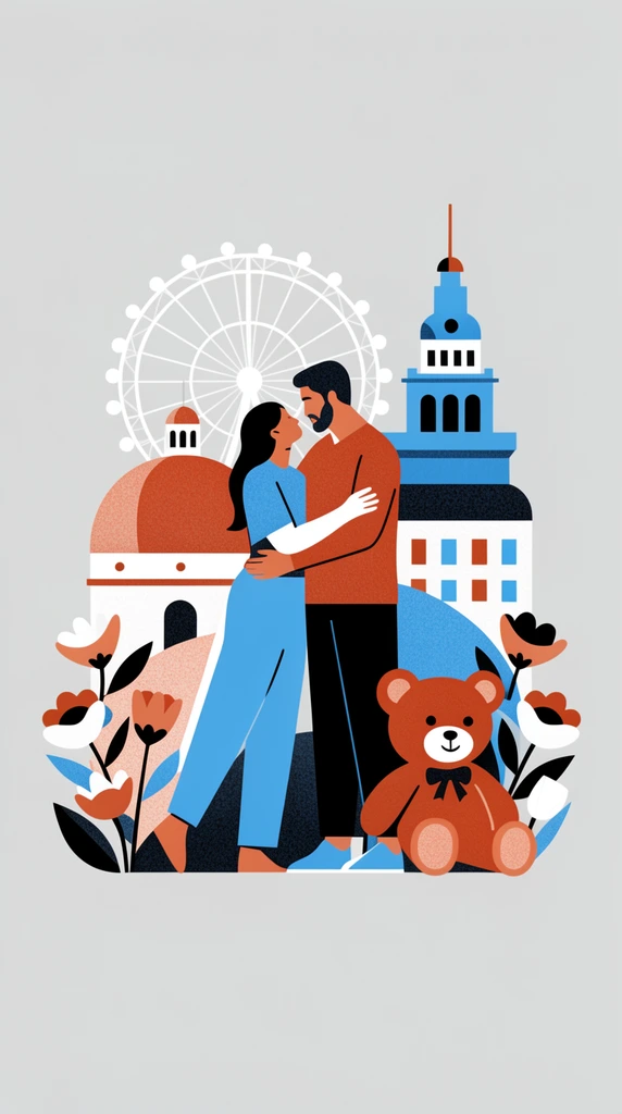 A flat, grainy vector illustration portrays a couple embracing near a teddy bear against a geometric skyline featuring a white Ferris wheel, terracotta dome, and blue tower. Stylized flowers frame the foreground. The centralized design uses a limited terracotta, cerulean, and black palette on a gray background.