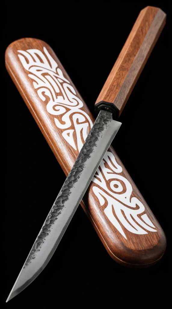 long slender knife, hammered steel blade, octagonal wood handle, resting diagonally on a matching rounded wooden case, bold white stylized tribal pattern on wood surface, solid black background, studio product photography, high contrast lighting
