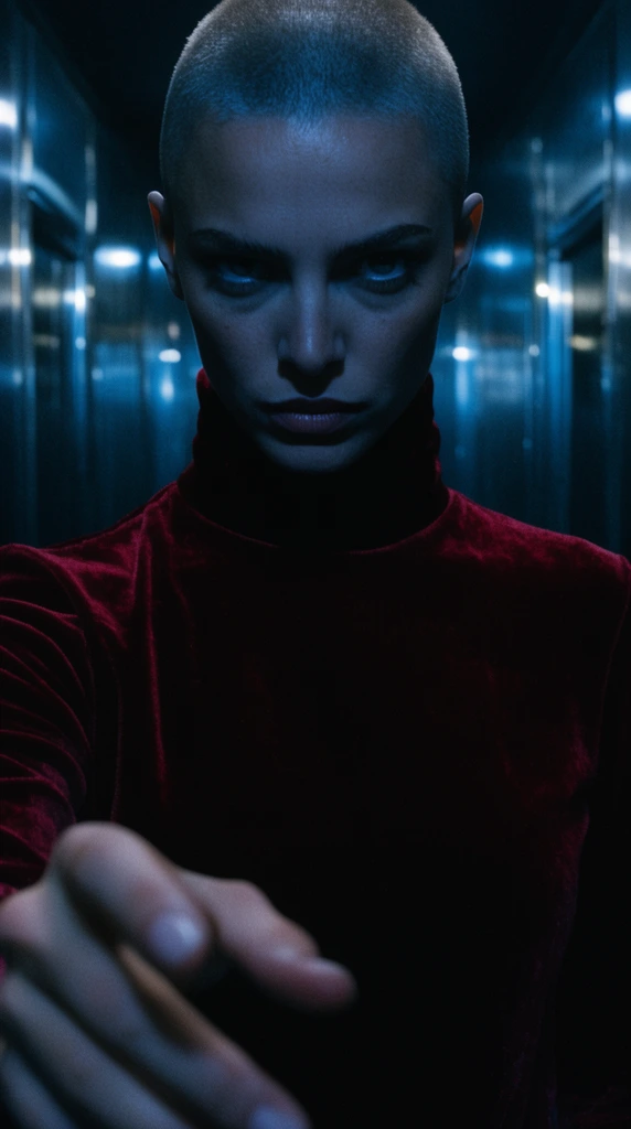 A dramatically underlit close-up of a sharp-featured woman with a buzzed head wearing a dark red velvet turtleneck. She reaches one hand forward toward the lens. Harsh blue underlighting casts heavy shadows across her intense expression against a dim, gleaming metallic corridor. Cinematic film grain.