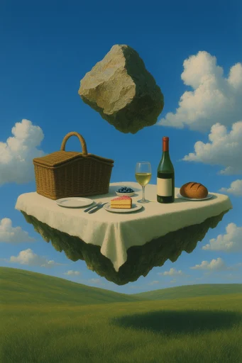 Surreal Pastoral Dreamscapes style reference image — floating grassy island