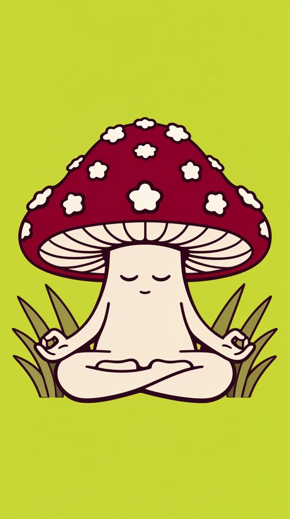 An anthropomorphic meditating mushroom sits in a lotus pose against a flat lime green background. The figure features a deep red cap with white flower spots and a pale cream stem body showing a serene face with closed eyes. Small arms extend outward in a mudra gesture, flanked by stylized olive green grass blades. The flat vector illustration uses bold dark outlines and a retro minimalist aesthetic.
