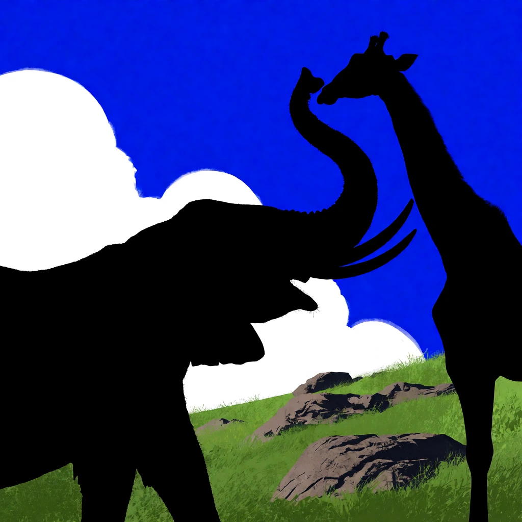 low-angle shot, high-contrast digital illustration, graphic novel aesthetic, minimalist stark black silhouettes, vibrant cobalt blue sky, fluffy white cumulus clouds, painterly green hillside with jagged grey rocks, sharp linework, dramatic composition, silhouetted elephant with long tusks extending its trunk towards a silhouetted giraffe, clean edges, ominous atmosphere, flat black subjects against a bright daylight background, cinematic framing.