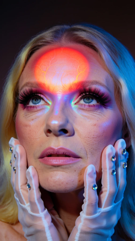 A close-up portrait features a person with ethereal makeup and glowing lighting, looking upwards while framing their face with gloved hands. The individual has blue eyes directed upward, accented by dramatic, long black false eyelashes and vibrant pink eyeshadow. Their forehead features a bright, orange-red circular glow in the center, containing faint vein-like patterns beneath the skin. The bridge of the nose and the inner corners of the eyes are highlighted with an iridescent purple and blue shimmer. They have glossy, pink lips that are slightly parted. Hands encased in sheer white mesh gloves, which are adorned with tiny, glittering rhinestones, rest against the lower cheeks and jawline. Light blonde hair frames the face, illuminated by cool blue light on the outer edges. The lighting is highly stylized, creating a sharp contrast between the warm orange tones on the forehead and the cool blue and purple hues across the lower face and hair. The skin texture is detailed and visible under the vibrant, multi-colored light sources, creating a surreal, high-contrast composition with a shallow depth of field.