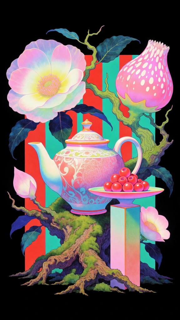 surreal psychedelic digital illustration, moebius and ghibli aesthetic, high-contrast black background, central ornate ceramic teapot resting on a mossy root, sleek minimalist pedestal holding a pile of glistening red berries, oversized luminescent pink flora, gnarled green branches, vertical graphic stripes in red and teal, fine stippled textures, saturated pastel color palette, ethereal lighting, flat yet dimensional perspective, whimsical and intricate composition.