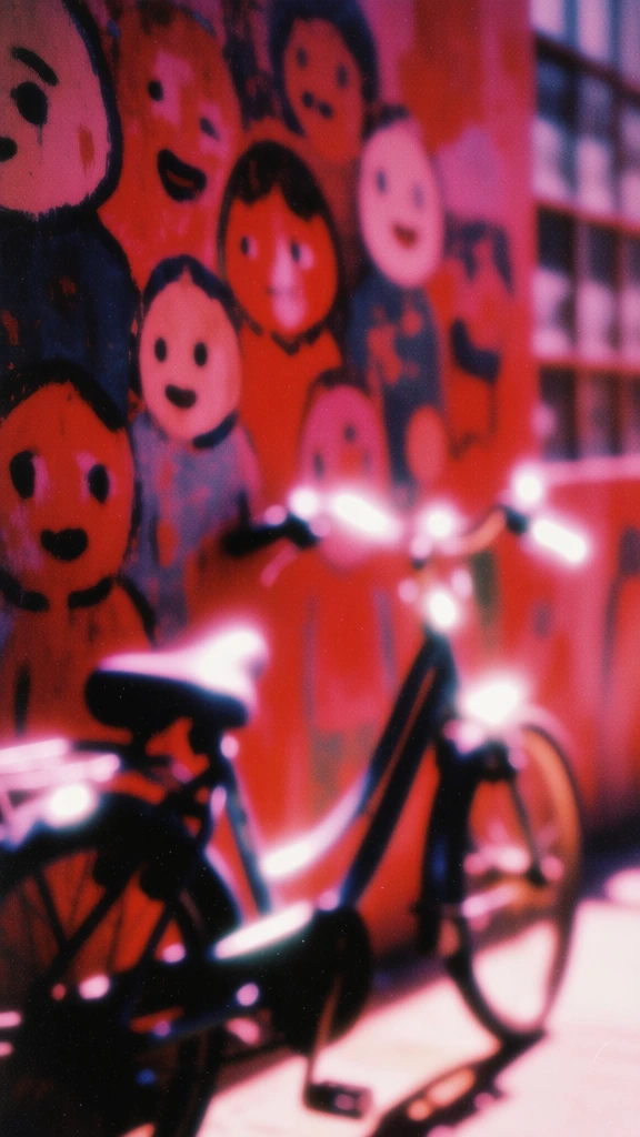 a bicycle in the foreground against a wall covered in abstract shapes and cartoonish faces, rendered in a heavily textured lo-fi dreamcore aesthetic, saturated scarlet to deep magenta gradient lighting, high-contrast halated glow on the bicycle's silhouette, pervasive coarse film grain, hazy soft-focus finish, diffused bloom, ephemeral dreamlike atmosphere, analog noise, minimalist forms against a vibrant wash of color