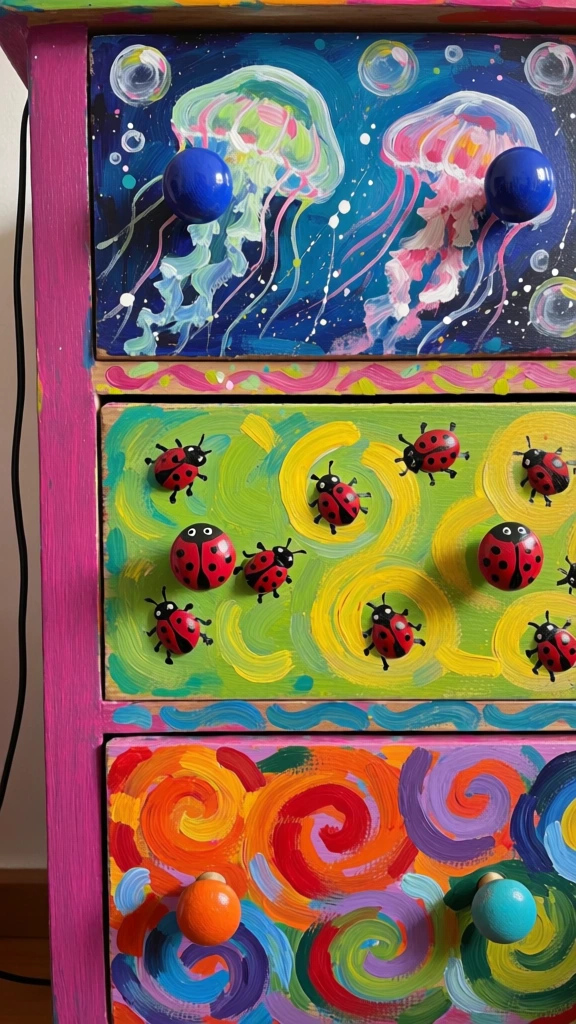 A three-drawer wooden chest features vibrant, hand-painted artwork on each drawer face, transitioning from an underwater scene to a ladybug-filled meadow and an abstract swirling pattern. The top drawer displays a deep blue background with two ethereal jellyfish, one in shades of light green and white and the other in pink and white, surrounded by translucent bubbles and white paint splatters. Two glossy, cobalt blue spherical knobs are positioned on either side of the drawer's center. The middle drawer is painted a bright lime green with thick, yellow swirling brushstrokes and is populated by several small, black-and-red ladybugs scattered across the surface. Its two knobs are themselves painted like red ladybugs with black spots and white eyes. The bottom drawer showcases a dense, abstract pattern of vibrant swirls in orange, red, purple, blue, and green, accented with an orange spherical knob on the left and a turquoise one on the right. The vertical side frame of the dresser is coated in solid, bright magenta paint, and a thin decorative horizontal band with pink and yellow swirls separates the top and middle drawers. A black electrical cord hangs vertically along the left edge of the frame. The overall style is expressive and painterly, characterized by heavy, visible brushwork and a saturated color palette. The perspective is a close-up, front-facing shot that fills the frame with the dresser's front under even, indoor ambient lighting.