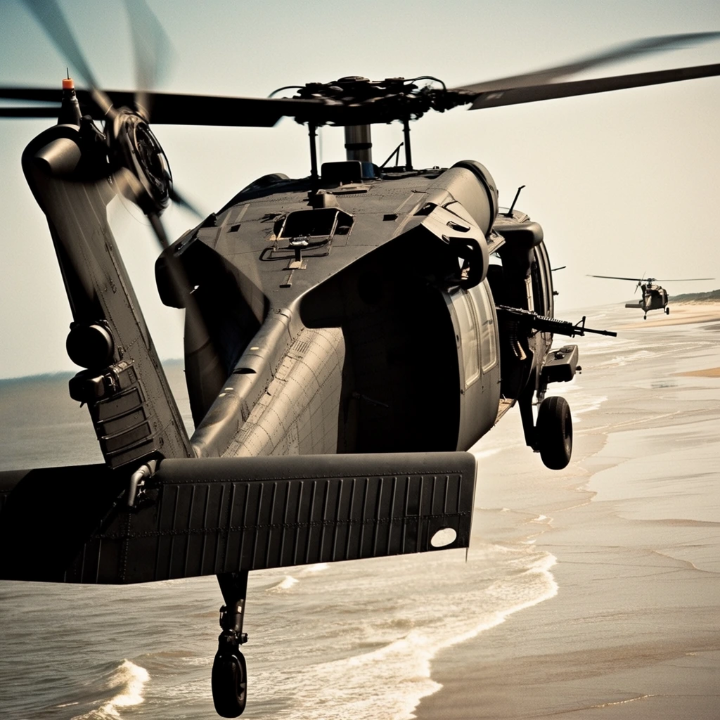 A dark matte gray military utility helicopter flies low over a sandy coastline, captured from a close trailing perspective. The aircraft's tail boom dominates the left foreground, displaying a horizontal stabilizer with structural ridges and a rapidly spinning tail rotor. An open side door reveals a mounted machine gun pointing outward from the shadowed cabin. The overhead rotor blades form a sweeping dark blur of motion against the pale sky. Below the dark landing gear, shallow white waves break gently on the vast, wet beach. Far in the distance, a second similar aircraft follows the flight path just above the shoreline. The scene features cinematic, high-contrast lighting with warm, desaturated color grading that emphasizes the heavy, riveted metal surface and dynamic forward momentum of the machine.