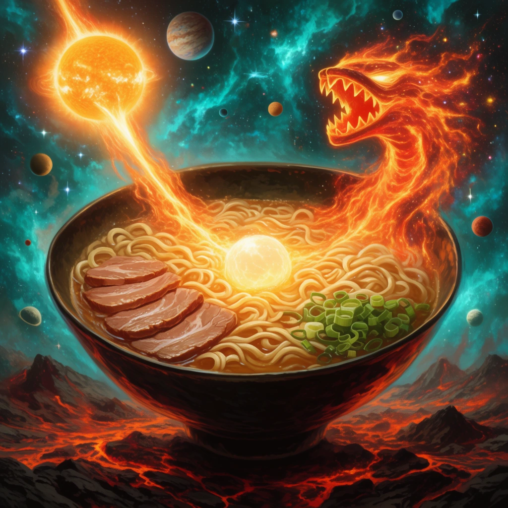 A giant bowl of ramen sits on volcanic terrain against a vibrant teal space nebula. Erupting from the broth, fiery orange energy forms a jagged-toothed cosmic monster on the right. A radiant sun on the left shoots blazing solar flares into the noodles, sliced meat, green onions, and a glowing central sphere. Orbiting planets and bright stars complete the dynamic, highly detailed surreal digital painting.