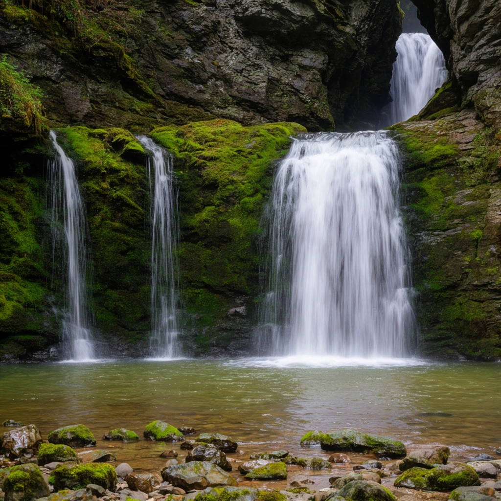 A multi-tiered waterfall cascades down a rugged, dark gray rock face draped in vibrant green moss. The wide primary fall spills into a serene, greenish-brown pool, flanked by two delicate, narrow streams descending from mossy outcroppings on the left. In the upper right, another tier drops through a deep stone cleft. The foreground features a shallow shoreline scattered with wet rocks and moss-dotted stones. Diffused natural lighting highlights the silky, long-exposure texture of the falling water against the rich earthy tones of the secluded gorge.