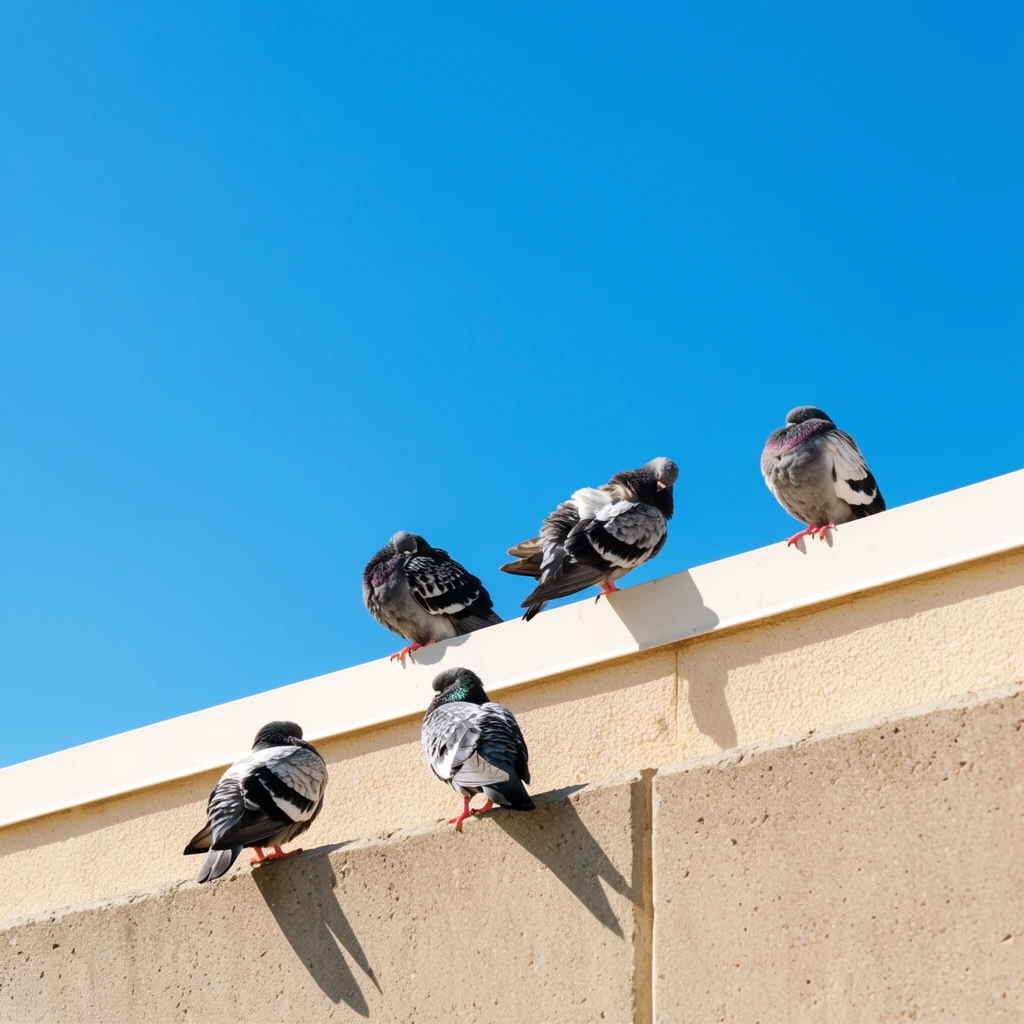 Five pigeons rest along a sunlit beige building ledge set against a vast, vibrant blue sky. The birds feature varied plumage of gray, black, and white with subtle iridescent neck details and pink feet. They are staggered across a smooth white sill capping a textured concrete parapet. Two pigeons sit on the lower concrete surface, casting sharp, elongated diagonal shadows downward. Three others perch on the higher sill; one actively preens its ruffled wing feathers while the others sit with tucked heads. Captured from a low angle looking upward, the minimalist composition highlights the stark contrast between the warm, rough architectural textures and the smooth, flat expanse of the brilliant daytime sky.