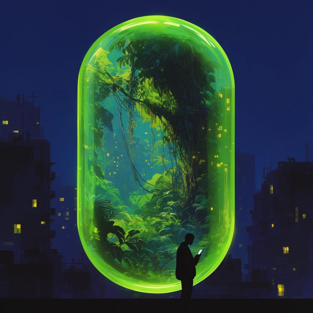 Glowing neon green transparent pill capsule containing a lush jungle landscape, dark city buildings in background, foreground silhouette of a person on a ledge looking at a glowing phone, dense foliage and vines inside the capsule, scattered yellow lit windows, high contrast digital illustration, surreal conceptual art, neon green against deep navy blue
