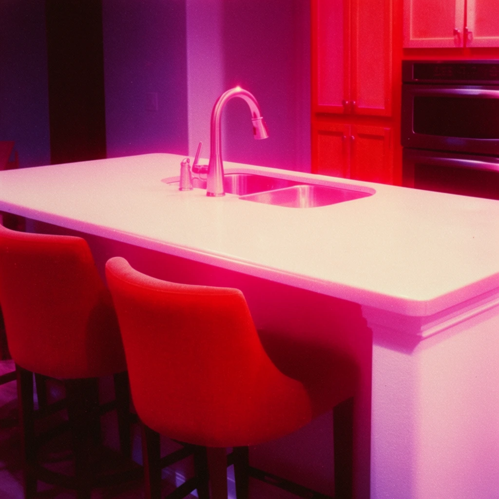 Two bar stools are tucked beneath a kitchen island equipped with a sink and faucet, accompanied by cabinets and an oven on the right, all rendered in the vibrant, false-color palette of vintage infrared photography. The flat surface of the island countertop shines in a stark, glowing pale pinkish-white, creating a sharp contrast with the dense ruby red of the two stools positioned underneath. To the right, the kitchen cabinets and oven are bathed in intense crimson and deep fuchsia tones, while the faucet and sink reflect bright pink highlights. The visual treatment mimics Aerochrome film, dominating the environment with a heavily saturated spectrum of magenta, red, and pale pink. The lighting produces high-contrast, deep magenta shadows and a soft, glowing halation around the lightest areas, finished with a heavy vintage film grain and a slightly flattened, graphic composition.