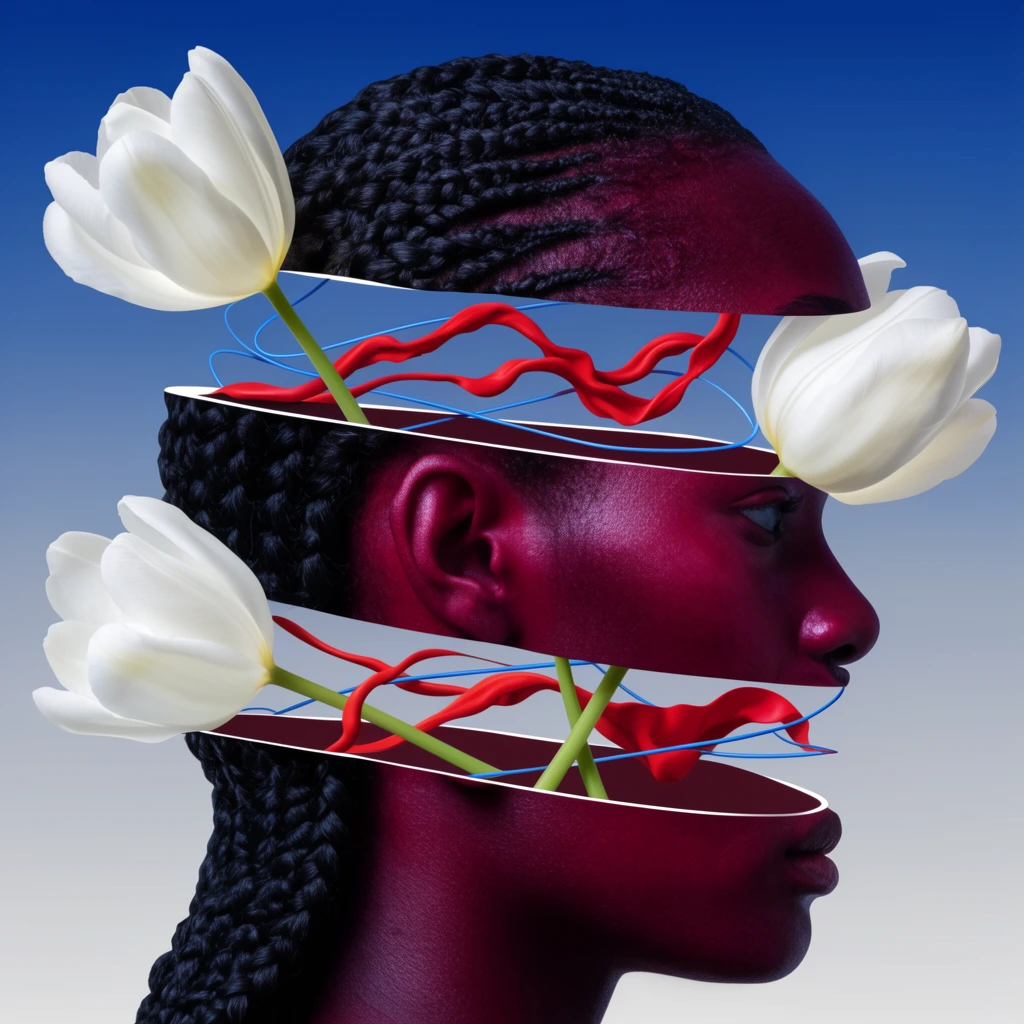 Surreal profile portrait of a figure with reddish-purple skin and braided hair, horizontally sliced into three floating segments. Red organic ribbons, thin blue lines, and large white tulips weave through the gaps against a blue-to-gray gradient background.