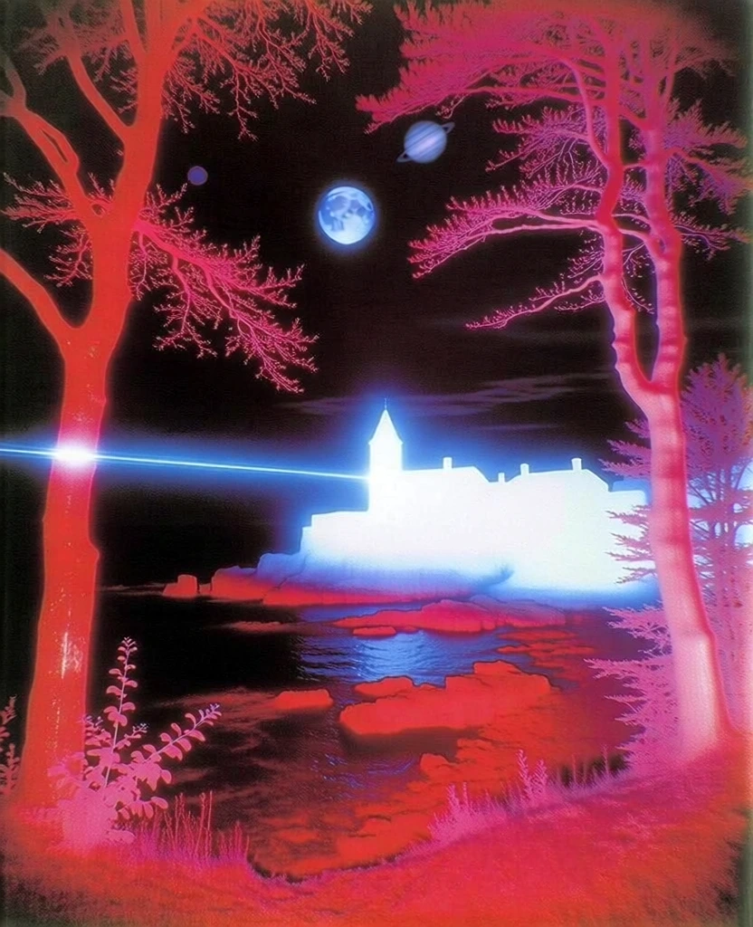 surreal coastal village on a jagged rocky shoreline, framed by glowing infrared trees in neon pink and deep red, a brilliant white glowing silhouette of the village, a sharp horizontal blue laser beam cutting across the center, dark night sky featuring a large moon and visible planets, high-contrast thermal photography aesthetic, heavy film grain, ethereal bloom, neon cyan and magenta color palette, analog film style, eerie and cosmic atmosphere, low-fidelity textures.