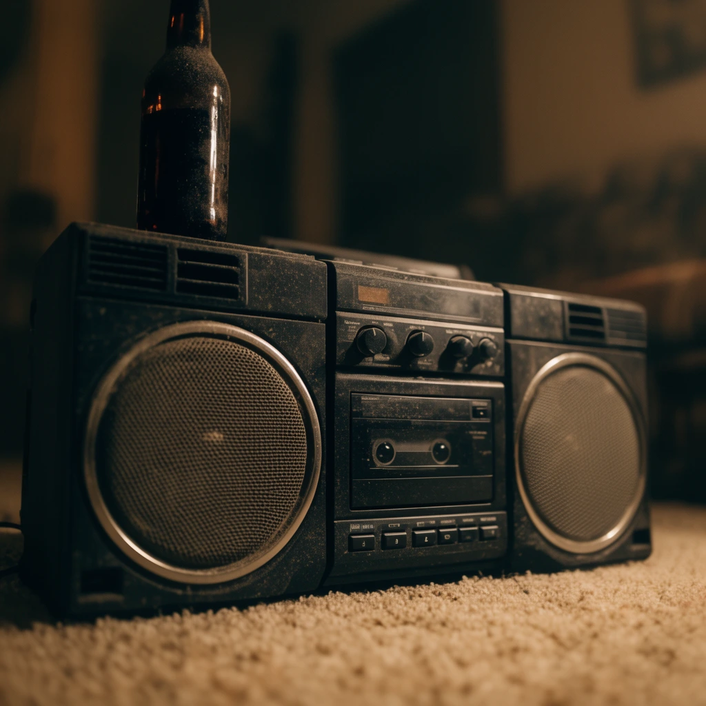 A dusty black portable stereo system rests on beige carpet beneath warm, dim lighting, topped with a dark glass bottle. The low-angle close-up highlights large circular mesh speaker grilles alongside a central panel of knobs, buttons, and a cassette deck. Shallow depth of field blurs the moody background, emphasizing scattered dust across the textured plastic.