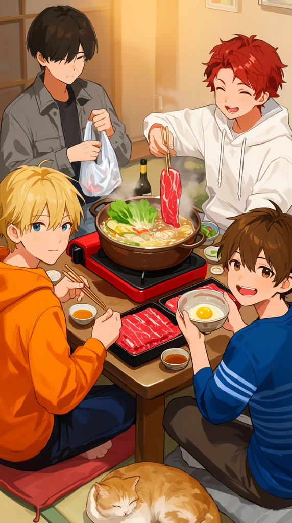 Four anime-style young men gather around a low table for a hot pot meal. A blonde youth in an orange hoodie sits front-left holding chopsticks. Opposite him, a smiling brown-haired boy in a blue striped shirt holds a bowl containing a raw egg. A reddish-haired boy in a white hoodie dips meat into the boiling broth, while a fourth figure in a grey jacket holds a plastic bag. The table features a red gas stove, a steaming pot of vegetables, and trays of raw beef. A sleeping cat rests nearby. The digital illustration uses warm lighting and vibrant colors.