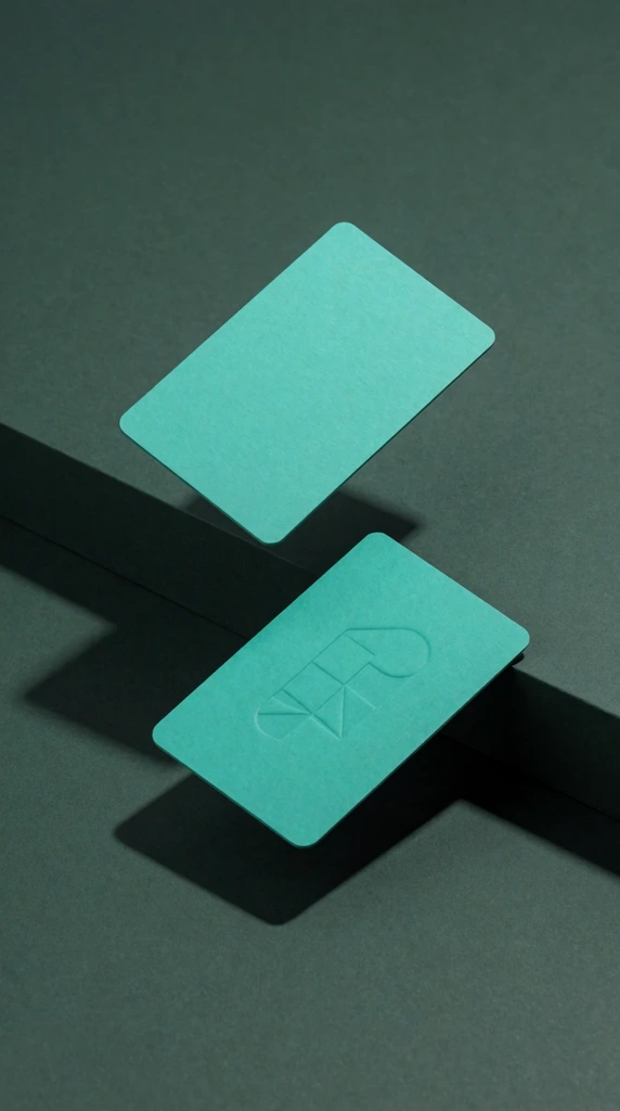 Two teal rectangular cards hover diagonally above a stepped, monochromatic dark green matte surface. A sharp architectural ledge bisects the background, while the lower card features a subtle embossed geometric shape. Soft directional studio lighting casts crisp drop shadows beneath the floating elements, emphasizing a clean, minimalist product photography aesthetic.