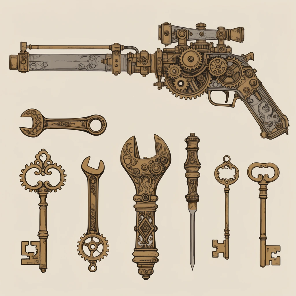 steampunk concept art, orthographic layout of ornate brass tools, mechanical rifle with gears, decorative wrenches and keys, flat beige background, line art