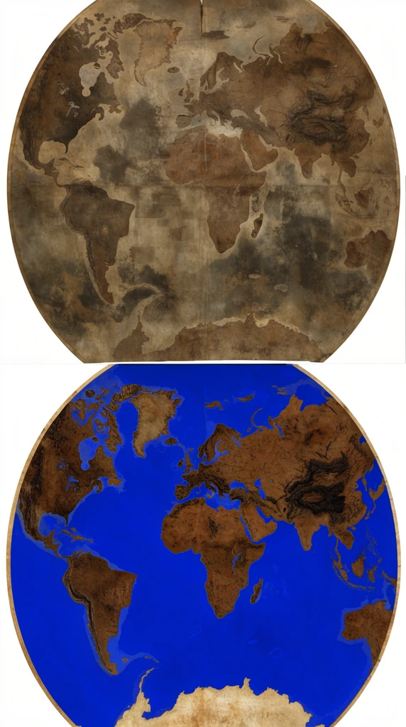two stacked views of an ancient curved world map, top half showing faded weathered brown parchment with murky continents, bottom half displaying an enhanced high-contrast scan with vibrant cobalt blue oceans and textured brown landmasses, sweeping kidney-shaped cartographic projection, jagged coastlines, topographic relief, split-screen scientific restoration comparison