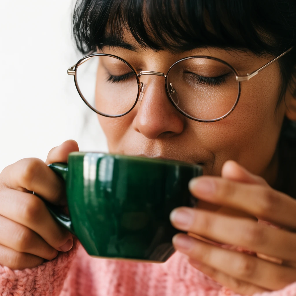 A close-up portrait of a woman with dark bangs and round glasses holding a glossy dark green ceramic mug near her lips. She wears a textured pink knit sweater, grasping the cup with both hands with her eyes closed. Warm natural lighting highlights her skin texture against a bright white background. The intimate photograph uses a shallow depth of field to keep her face sharp while softening the foreground.
