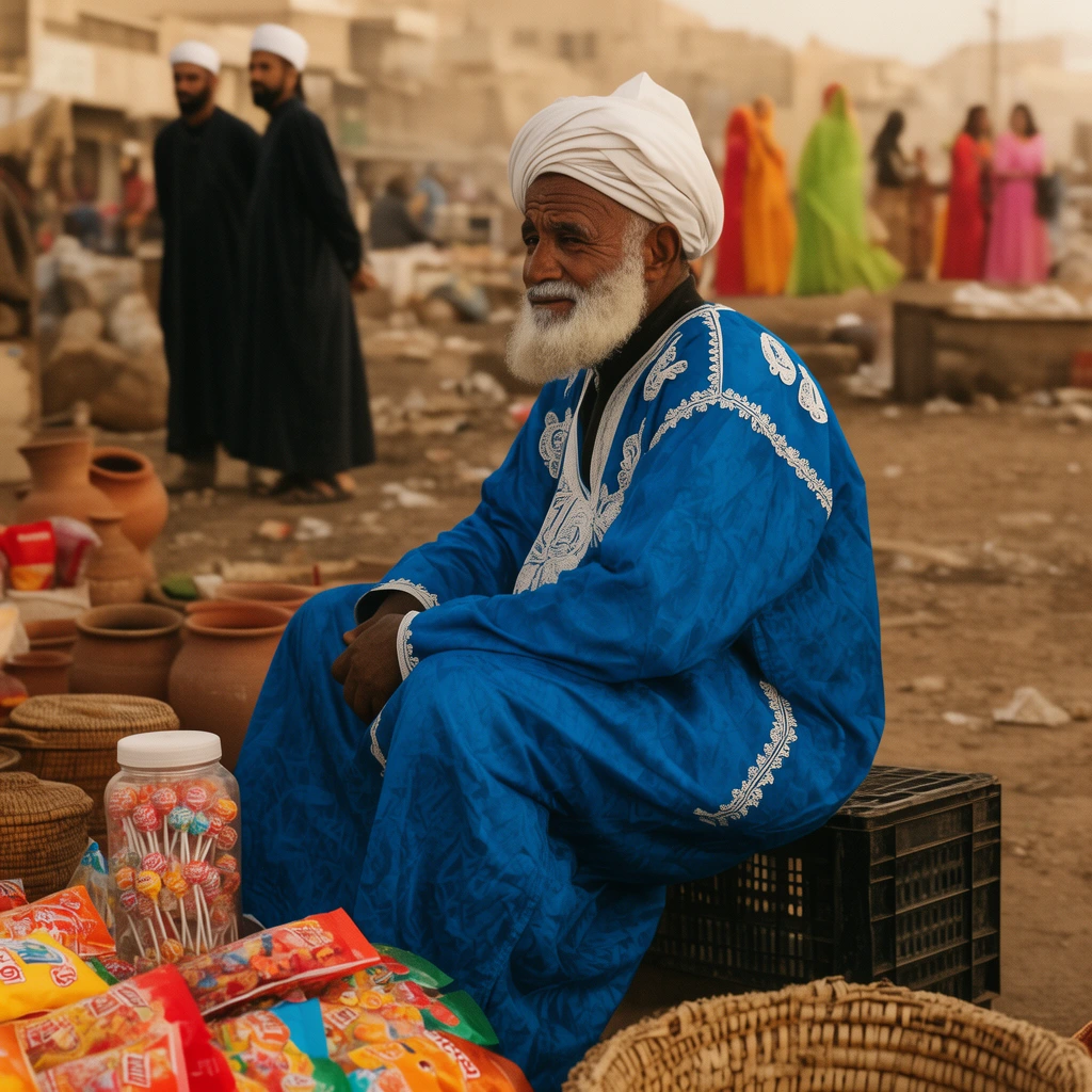 elderly man with white beard and turban sitting in a dusty market, wearing a vibrant blue robe with white embroidery, resting on a black crate, foreground features colorful snack bags, clear jar of lollipops, woven baskets, terracotta pots, blurred background showing men in dark robes, distant women in bright dresses, warm natural lighting, shallow depth of field, documentary photography