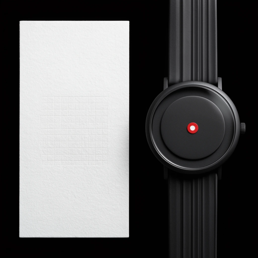 A textured white card alongside a minimalist matte black wristwatch against a pitch-black background. The card displays a faint central grid. The sleek watch features a circular dark dial with a red and white dot, on a ribbed strap. High-contrast product photography.