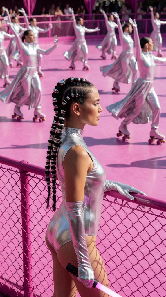 woman in profile wearing metallic silver bodysuit and long gloves, hair heavily braided with chrome rings, holding a glowing baton, positioned beside a bright magenta chain-link fence, background sprawling magenta roller rink, multiple dancers in matching silver jumpsuits and flowing skirts performing synchronized choreography, bright midday sunlight, sharp shadows, monochromatic magenta and silver palette, fashion editorial photography, shallow depth of field