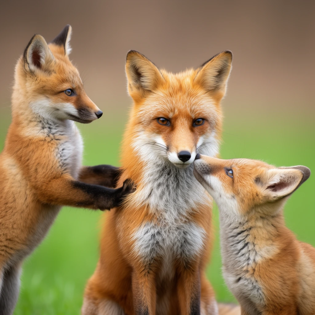 An adult red fox sits centered between two interacting kits. The left kit stands on its hind legs, resting black-tipped front paws on the adult's shoulder, while the right kit gazes up, gently touching noses with the adult's muzzle. Their textured orange and white coats contrast against a smoothly blurred, two-toned background of vibrant green grass and muted brown earth. Shot with a telephoto lens, the shallow depth of field and soft, diffused natural light emphasize the intimate wildlife moment and fine fur details.
