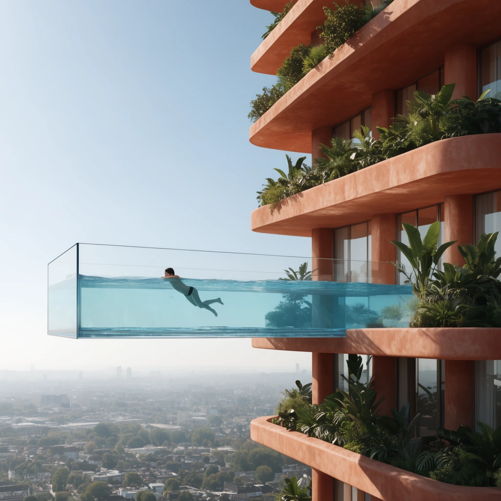 cantilevered transparent glass pool protruding from a modern terracotta high-rise, lone swimmer, lush planted balconies, hazy urban sprawl far below, photorealistic architectural visualization, bright daylight