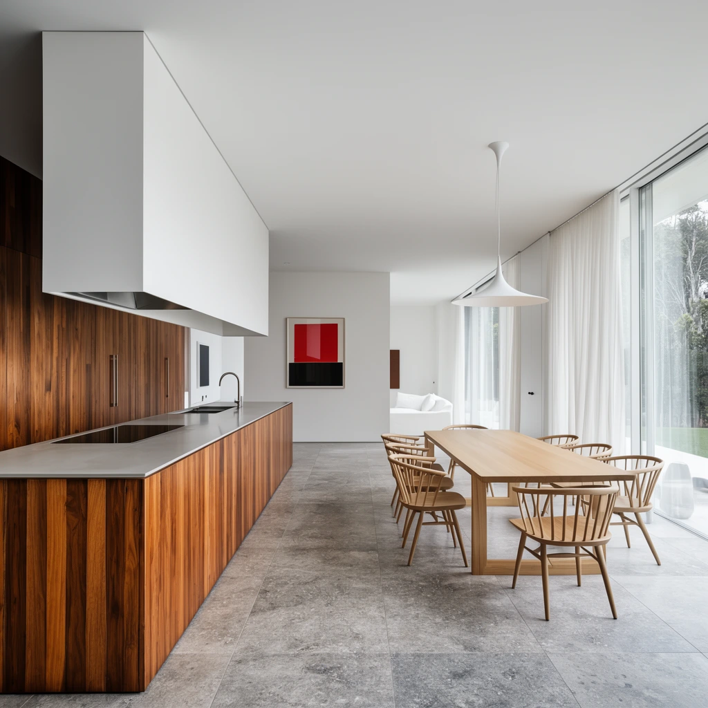 Minimalist open-plan kitchen and dining room, long island with warm vertical wood panelling, massive white rectangular range hood suspended above, light wood dining table with six curved spindle-back chairs, white flared pendant lamp overhead, grey stone floor tiles, stark white walls, geometric red and black artwork, floor-to-ceiling glass windows with sheer white curtains, distant white sofa, architectural interior photography, bright natural daylight, wide perspective, clean lines