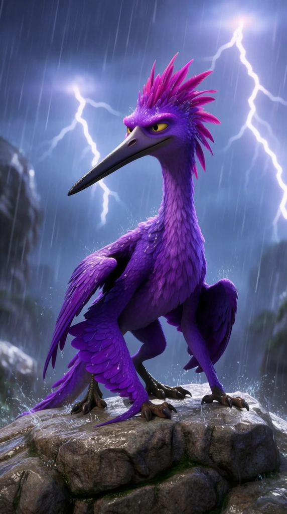 A vibrant purple, feathered reptilian creature perches on a wet rocky outcropping amidst a torrential rainstorm. The winged beast features a remarkably long, dark pointed beak, a spiky crest of magenta plumage, and intense yellow eyes. Its slender body and folded wings showcase textured layers of vivid violet feathers. It rests quadrupedally, using clawed wing joints for support on the rugged stone as heavy raindrops splash around its feet. The background reveals a dark blue atmospheric sky illuminated by jagged lightning bolts. Captured in a cinematic 3D animation style, dramatic backlighting emphasizes the glistening wet plumage against the softly blurred, moody stormscape.