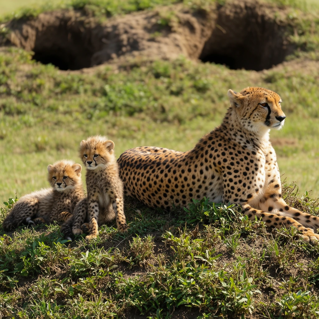 An adult cheetah rests on a grassy mound alongside two small cubs. The adult cheetah is positioned on the right side of the frame, lying down with its head held high and looking towards the right edge of the image. The adult has a sleek, spotted coat and characteristic black tear lines on its face. The two cubs are situated on the left side of the frame, close to the adult. One cub is sitting upright, facing forward, while the other cub is lying down slightly behind it, facing the same direction as the sitting cub. The cubs have fluffy, spotted coats and prominent black tear lines. The grassy mound features patches of green vegetation and several large, dark burrows in the background. The lighting suggests a bright, sunny day, casting soft shadows on the ground.