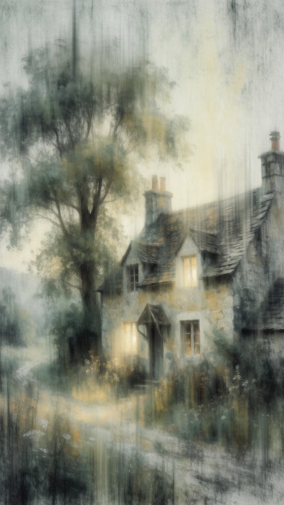impressionistic ethereal scene, rustic stone cottage beside a tall tree with dense foliage, soft-focus painterly aesthetic, vertical motion blur and streaked textures, muted palette of desaturated sage greens, charcoal greys, and pale buttery yellows, warm glowing highlights emanating from windows, vertical smudging throughout, dreamlike hazy atmosphere, visible paper grain, reminiscent of a monotype print or charcoal and pastel drawing, soft edges, ethereal glow, desaturated tonality.