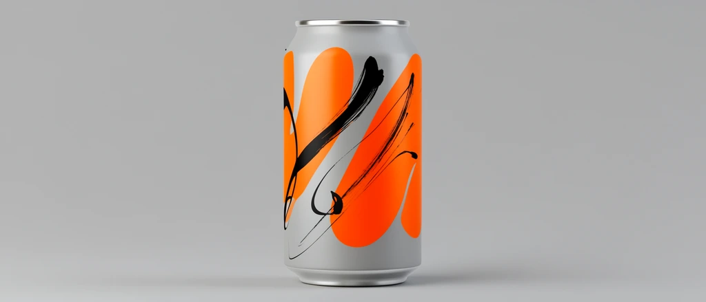An aluminum beverage can stands centered against a seamless neutral gray backdrop. The matte light gray surface features large, undulating bright orange abstract shapes. Intersecting these vibrant orange areas are dynamic black gestural brushstrokes, ranging from thick, sweeping curves to delicate, sharp ink lines and flourishes. Soft, diffused studio lighting casts a smooth vertical highlight down the cylindrical vessel, accentuating its reflective top and bottom rims. The eye-level product shot employs a minimalist aesthetic to contrast the bold graphic artwork with the sleek metallic object.