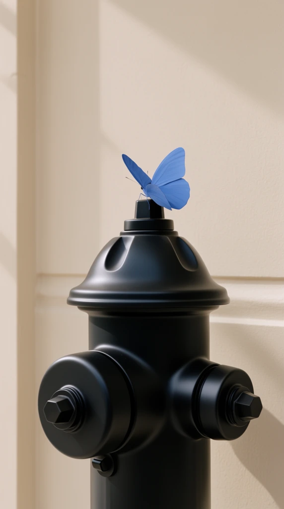 A vivid cornflower-blue butterfly rests atop a sleek, matte-black fire hydrant set against a smooth, warm beige painted wall. The butterfly displays crisp, flawlessly smooth wings with solid, uniform coloration, perched directly on the hydrant's highest rounded bolt. The fire hydrant exhibits an immaculate, uniform surface with sharp, sculptural geometric details, standing in stark contrast to the delicate insect. Behind the primary subjects, the minimalist painted wall serves as a clean backdrop, featuring subtle, sharp architectural shadows cutting diagonally across the warm cream surface. The composition is captured with the clinical precision and flawless rendering of high-end, medium-format fashion editorial photography. Soft, diffused directional light illuminates the scene from the left, casting gentle highlights on the hydrant's curves while maintaining deep, rich, matte blacks. The color palette is highly controlled, juxtaposing the sudden pop of vibrant blue against stark black and muted, warm neutrals. Razor-sharp focus anchors the butterfly and the top of the hydrant, complemented by a perfectly smooth finish and a minimalist, geometric framing that elevates the urban objects with a polished, avant-garde aesthetic.