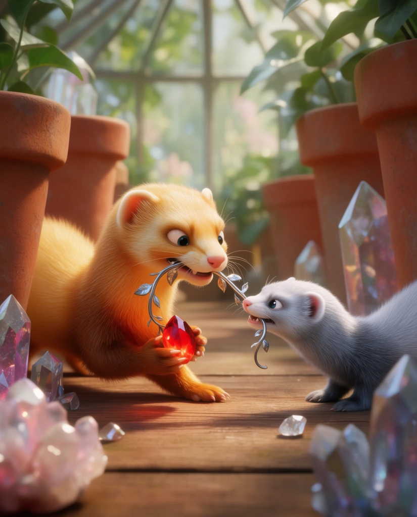 Two stylized ferrets engage in a tug-of-war on a wooden workbench inside a sunlit greenhouse. The larger golden-orange ferret on the left crouches low, clutching a glowing red gemstone while pulling a silver vine in its jaws. A smaller silver ferret on the right bites the opposite end of the vine, pulling back. Tall terracotta pots and crystal formations surround them, bathed in warm dappled light. The 3D animated rendering uses a shallow depth of field, smoothly blurring foreground and background objects to emphasize detailed furry textures, vibrant cinematic lighting, and dynamic tension.