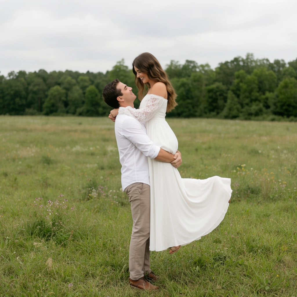 A man stands in a grassy field lifting a smiling woman in a long white dress. The man wears a white button-up shirt with the sleeves rolled up, light brown pants, and brown shoes. He holds the woman around her waist with both hands, looking up at her. The woman has long wavy brown hair, wearing a white off-the-shoulder dress with lace sleeves and a long flowing skirt. She has her arms resting on his shoulders, looking down at him. The field is green with scattered wildflowers. In the background, a dense line of green trees stretches across the horizon under an overcast sky. The lighting is soft and diffused, typical of a cloudy day.