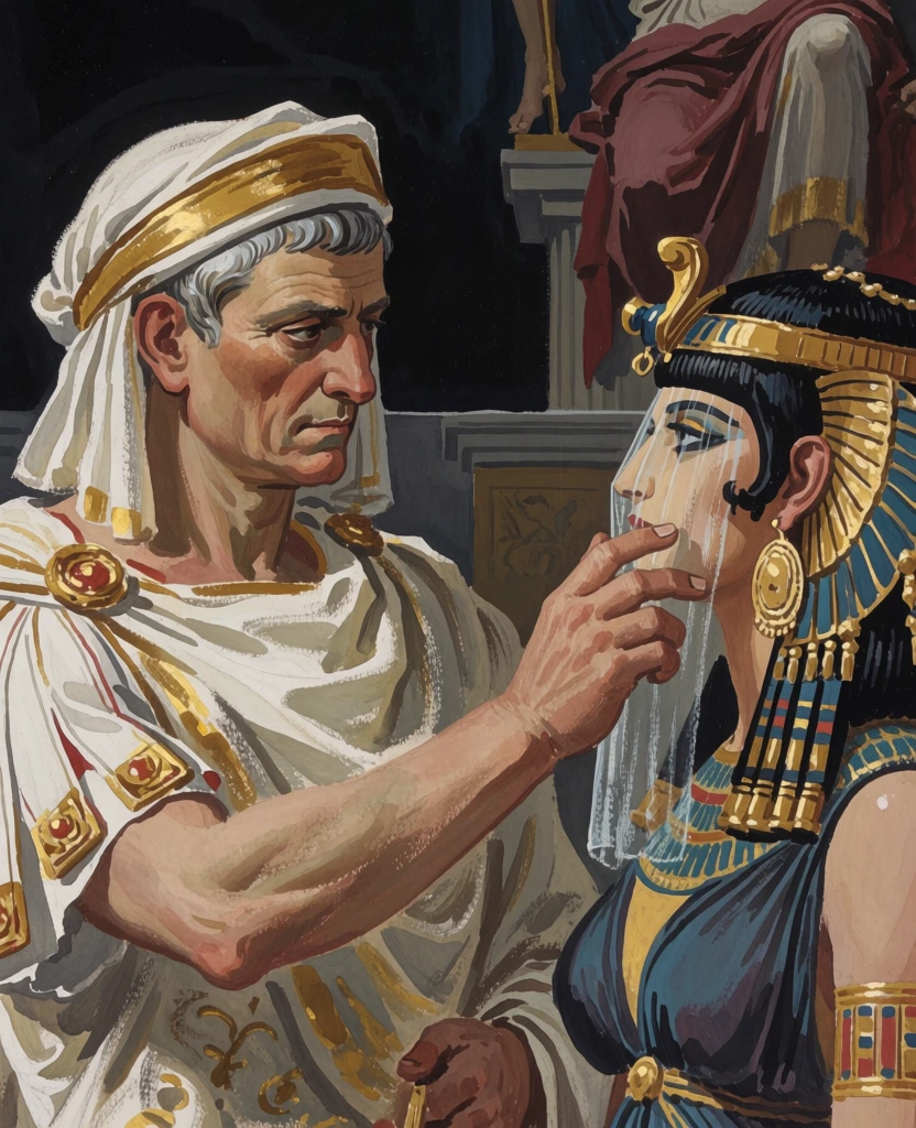 Julius Caesar reaching out to stroke Cleopatra's cheek, the most beautiful Egyptian queen, Ancient Rome, epic scene, cinematographic style , by Lynsey Addario, Josef Koudelka