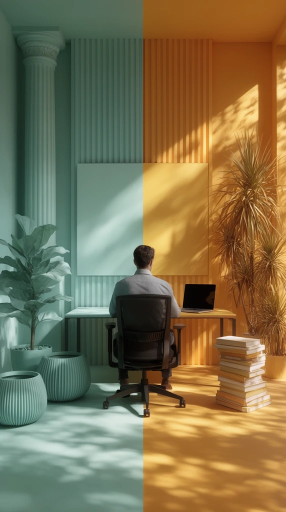 A vertically bisected office seamlessly divides into a cool monochromatic mint-green left half and a warm amber right half. A man sits centrally in a black ergonomic chair at a desk, facing a laptop and a large blank board. The teal zone contains a potted broad-leaf plant, ribbed floor containers, and a classical fluted column. The golden zone features tall spiky plants, stacked books, and intense directional sunlight. Dappled shadows from unseen foliage stretch across the ribbed walls and floor. The 3D architectural rendering employs a strict split-complementary palette and high-contrast lighting for a surreal conceptual atmosphere.