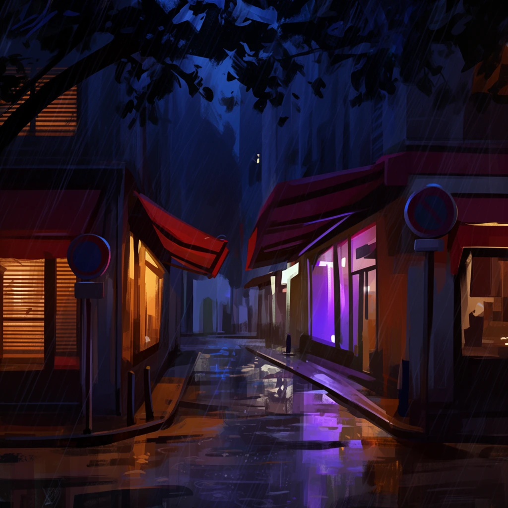 digital painting of a rainy night street scene, glowing storefronts illuminating a dark alleyway, heavy diagonal rain streaks, wet reflective pavement, puddles mirroring warm amber and bright purple lights, deep blue ambient shadows, warm orange light spilling from slatted windows, red canvas awnings, silhouetted tree branches framing the top, circular street signs, loose expressive brushstrokes, atmospheric cinematic lighting, high contrast urban concept art