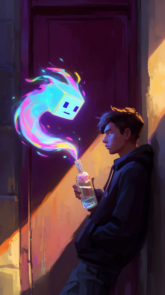 A young man in a dark hoodie leans against a wall, gazing into a glass bottle that releases a luminous, floating entity. The ethereal being has a blocky head and a swirling tail of vibrant cyan, pink, and yellow light, casting a neon glow across his face. Set in a dimly lit urban alley with a tall maroon door, the scene is bisected by a sharp diagonal beam of warm golden light. The digital painting features expressive brushstrokes and dramatic chiaroscuro, contrasting the vivid magical apparition against deep purple shadows.