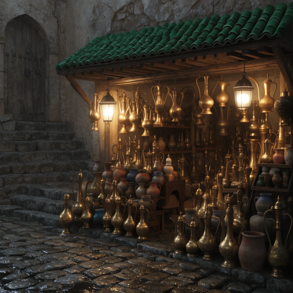 dimly lit marketplace stall overflowing with polished brass pitchers and ceramic pots, warm glowing lamplight, green tiled awning, weathered stone stairs, wet cobblestone street reflecting light, highly detailed 3D render