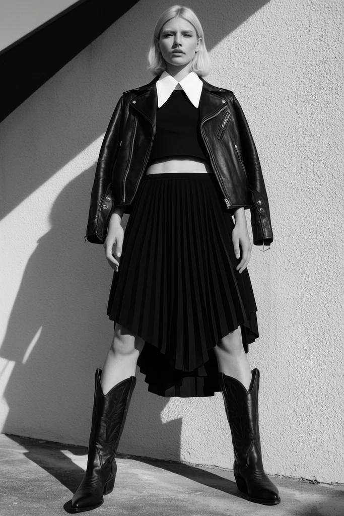 A monochromatic fashion portrait of a blonde woman standing with legs wide against an angular, textured wall. She wears a black leather moto jacket draped over a cropped top with a pointed white collar, an asymmetric black pleated skirt, and knee-high leather cowboy boots. Harsh directional sunlight casts a distinct silhouette shadow on the stark backdrop. A low camera angle emphasizes her commanding stance and the geometric layers of her edgy attire.