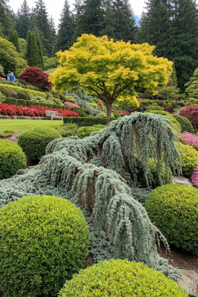 lush terraced botanical garden, cascading silver-blue weeping cedar, manicured green shrubs, bright yellow tree canopy, red and pink flower beds, wooden park bench, distant figures, tall evergreen forest background, soft diffused daylight, vivid landscape photography