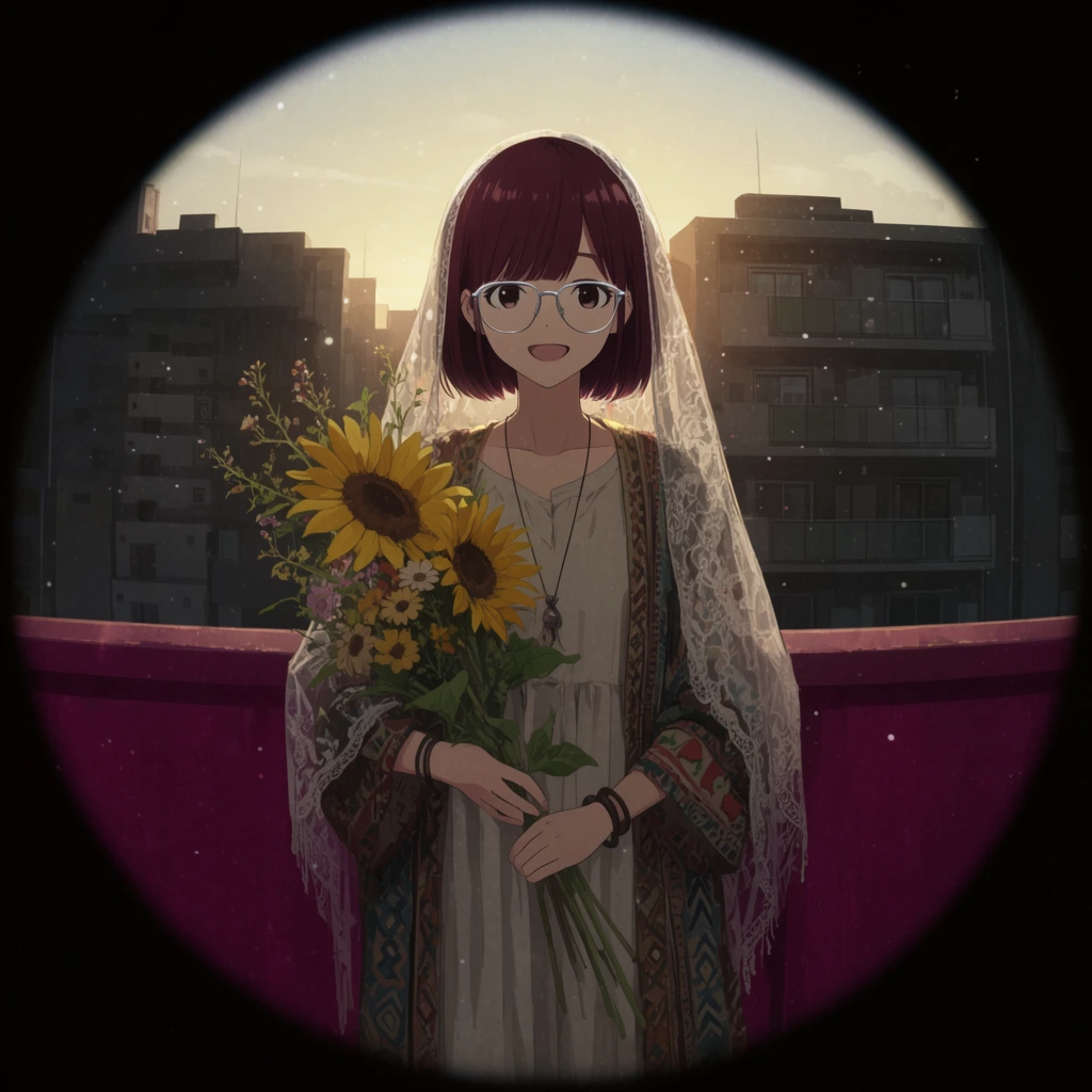 Young woman seen through a fisheye peephole lens, sleek chin-length burgundy bob, silver wire-rimmed glasses, cheerful smile, holding a wild sunflower bouquet, sheer lace shawl draped over her head, bohemian cardigan and linen dress, standing on a dark magenta balcony, dense urban apartment buildings silhouetted against a pale golden sunset, dramatic backlighting, floating light particles, muted cinematic palette, anime illustration style, heavy circular black vignette framing