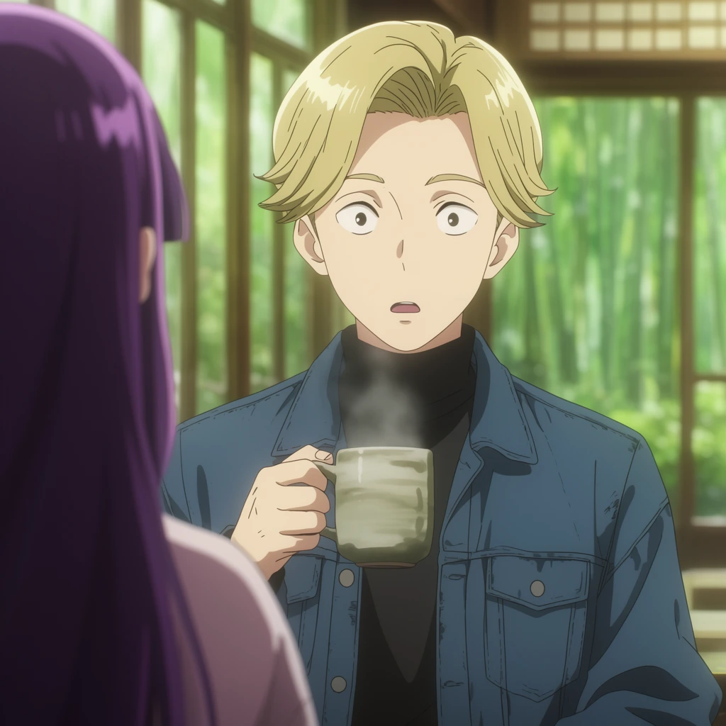over-the-shoulder anime shot, young blonde man with neatly combed hair and wide surprised eyes, wearing a blue denim jacket over a black turtleneck, holding a steaming ceramic mug, blurred foreground showing the shoulder and long purple hair of a companion, brightly lit traditional tea house setting, blurred background with wooden window frames and a lush green bamboo garden outside, high-quality Japanese animation art style, cinematic depth of field, soft diffused lighting